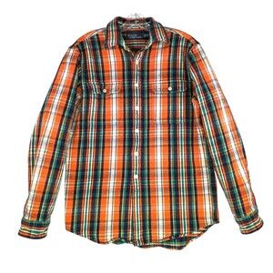 VTG Polo Ralph Lauren Shirt Mens Medium Orange Plaid Thick Heavy Weight Cotton